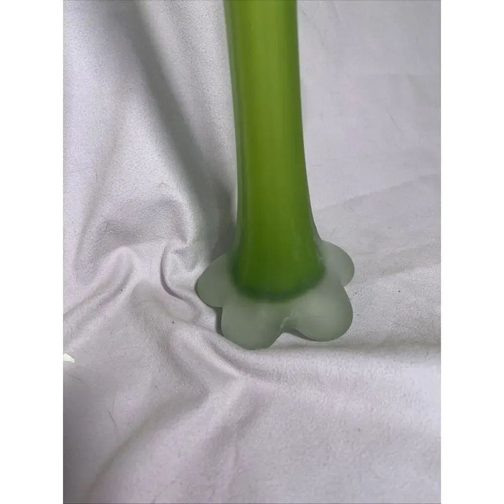 Vintage Frosted Lime Green Tall Art Glass Vase Tulip Shape Floral Clear Base
